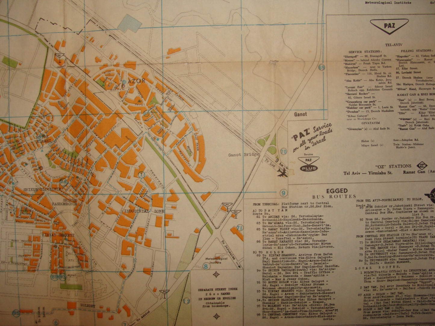 Map Jewish Judaica Israel TEL AVIV JAFFA RAMAT GAN HOLON BNEI BRAK GUSH DAN 1972