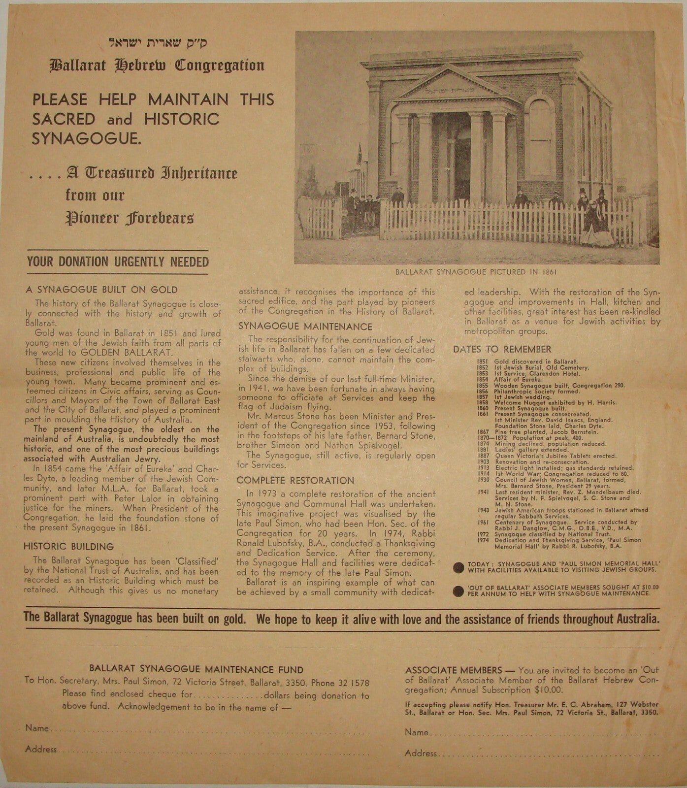 Letter Jewish Judaica Australia Ballarat Hebrew Congregation Synagogue