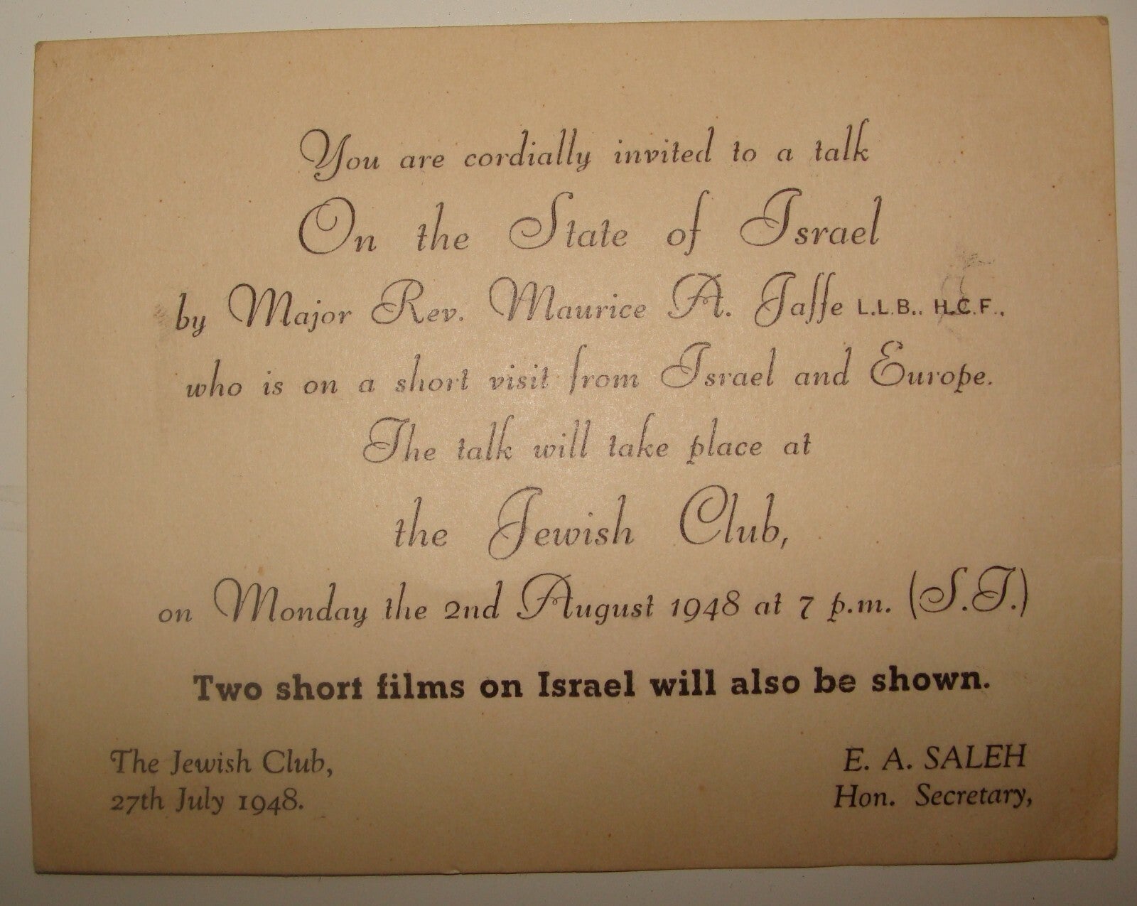 Card Jewish Judaica 1948 The Club 1948 Israel Israeli State Independence UK ?