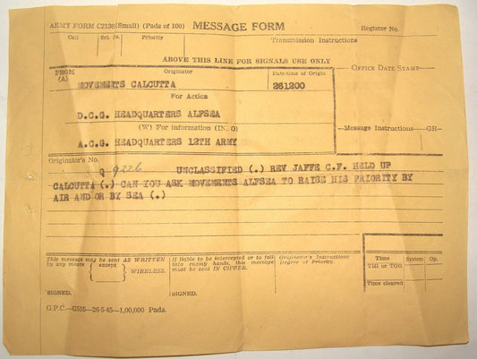 Jewish WW2 British Army South East Asia ALFSEA CALCUTTA Brigade Rabbi Jaffe