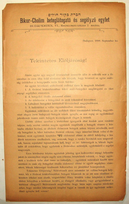 Document Jewish Judaica Antique 1899 Hungary Budapest Jews BIKUR CHOLIM