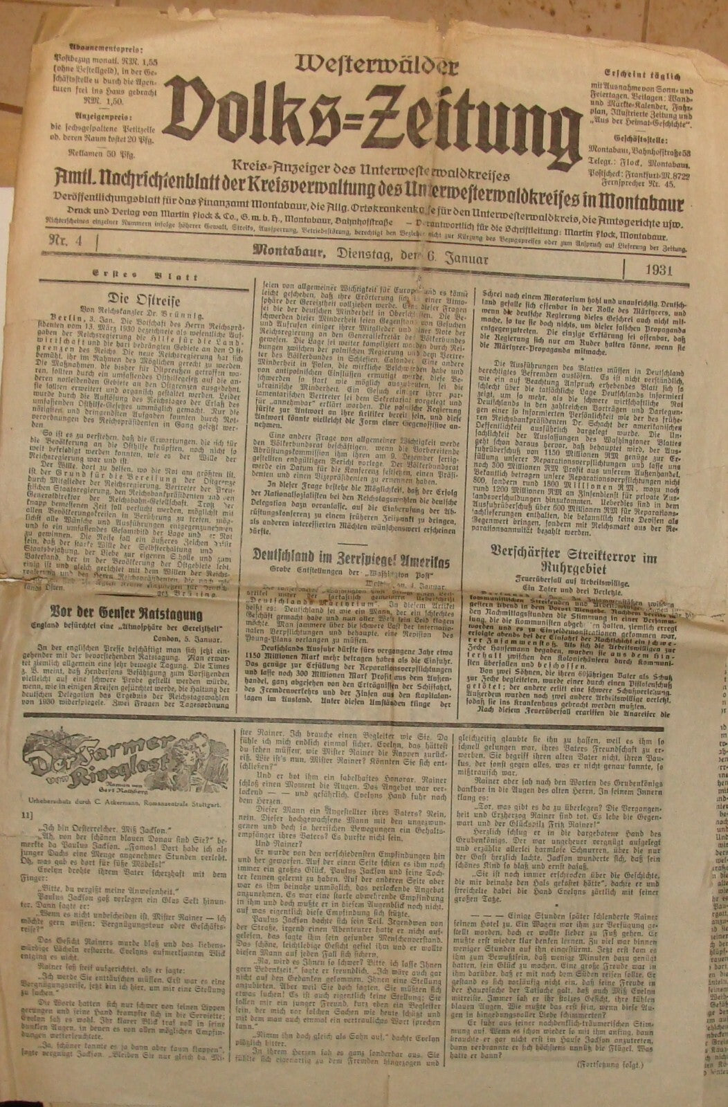 Germany 1931 German   Montabaur Newspaper Westerwalder Volks Zeitung
