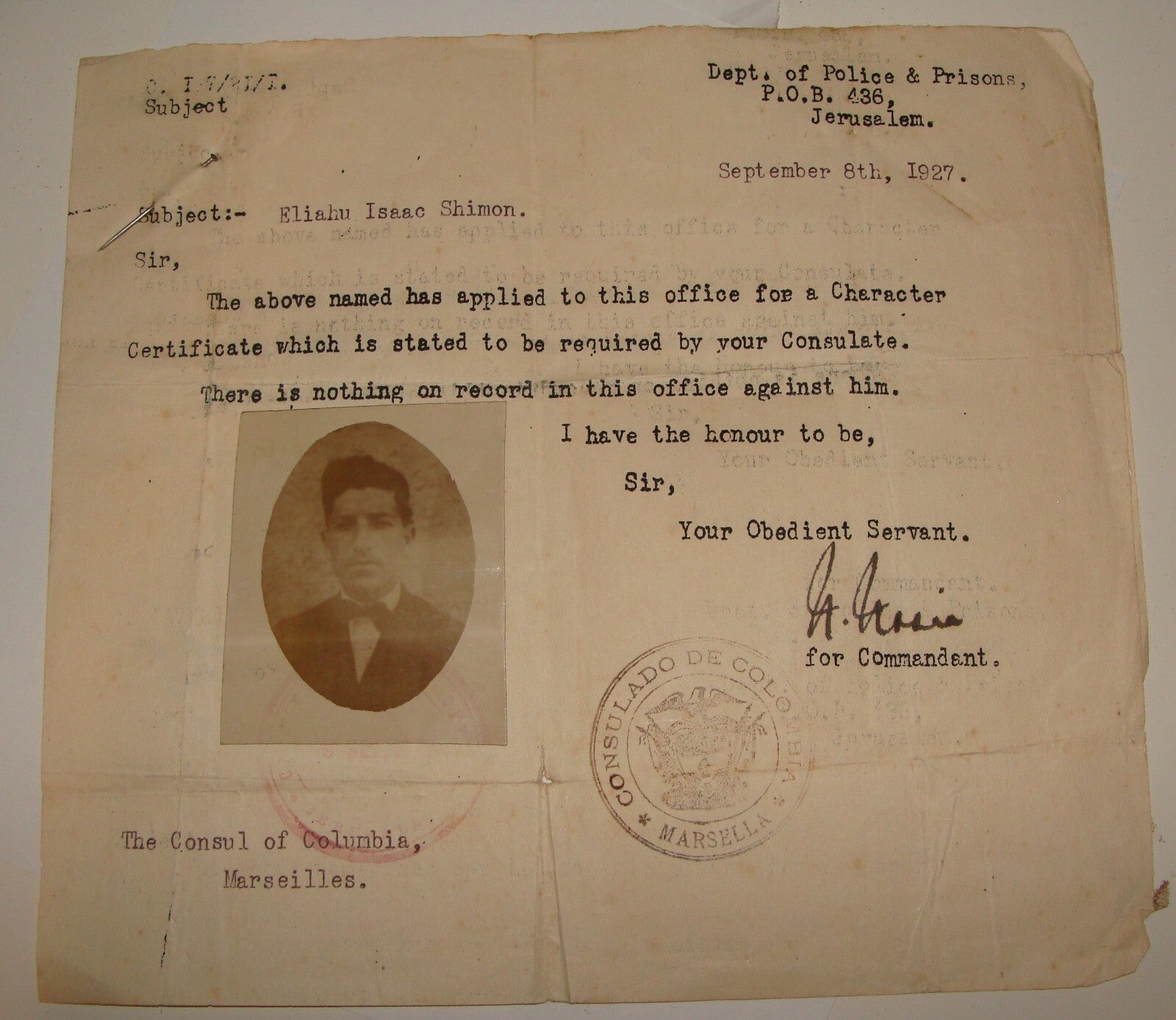 Letter Palestine 1927 Colombia Consul France Marseilles Jerusalem Police Jewish