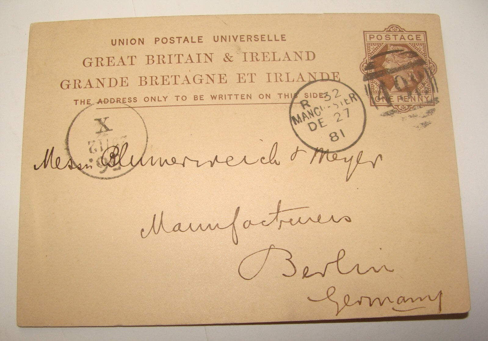 Germany 1881 Great Britain Ireland Stamp Postcard Manchester To   Berlin