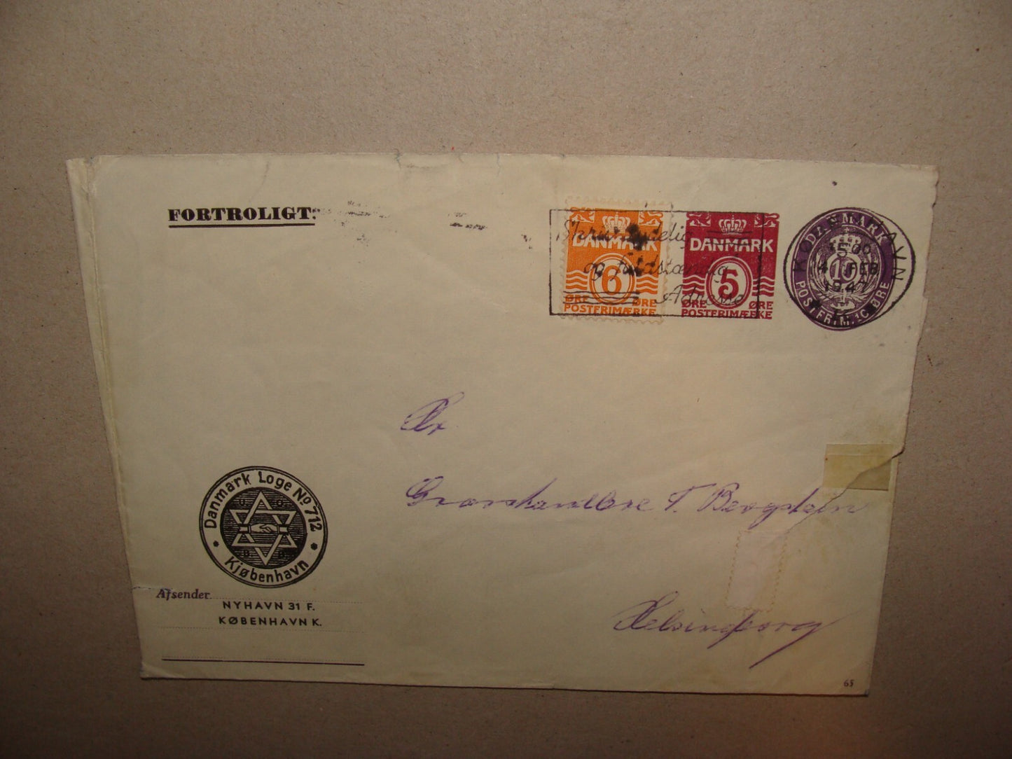 Stamp Jewish Judaica 1947 Denmark Copenhagen Bnai Brith Masonic Loge 712 Cover