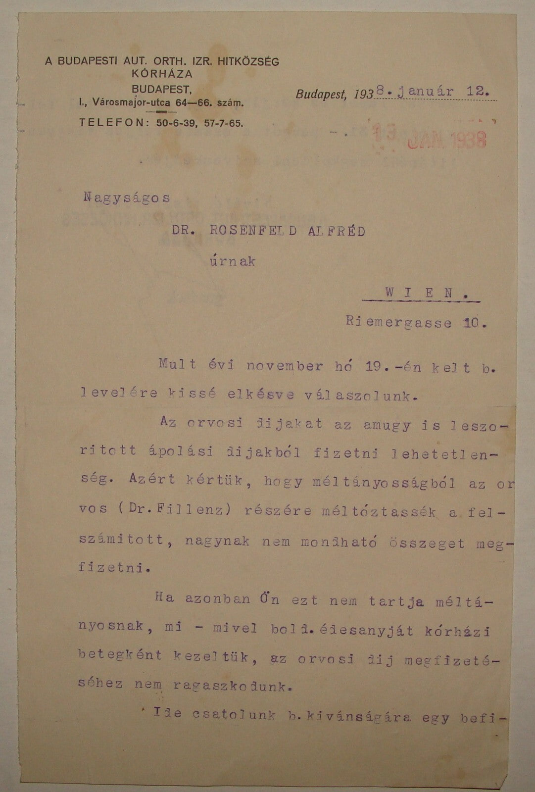 Letter Jewish Judaica Related 1938 Hungary Budapest ROSENFELD