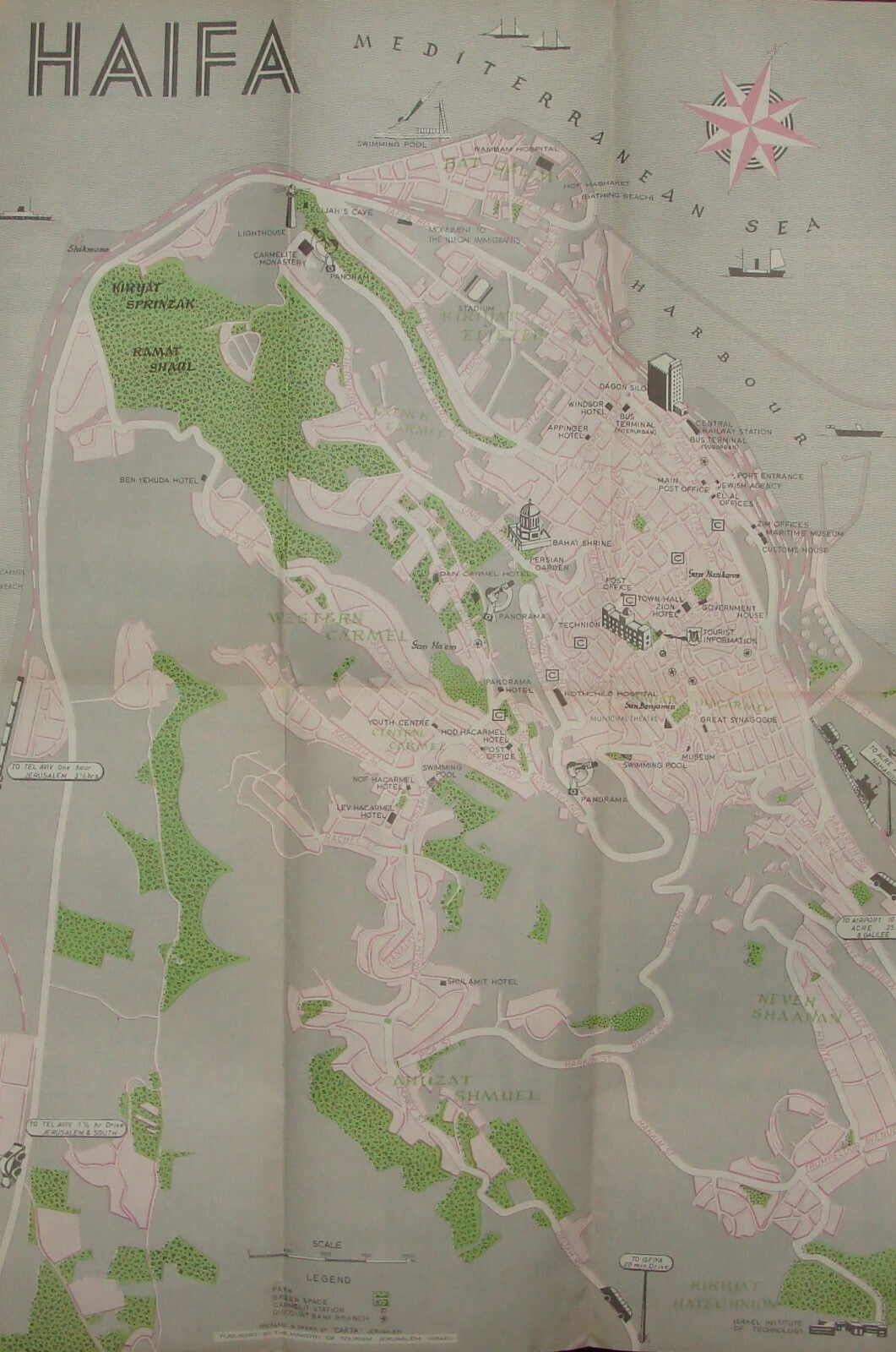 Map Jewish Judaica 1960s Israel HAIFA Guide