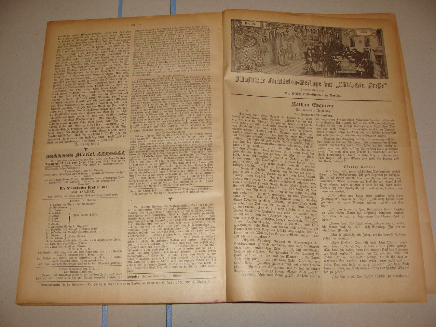 Germany Newspaper Jewish RARE Judaica German Sabbat Stunden 1908 Hildesheimer