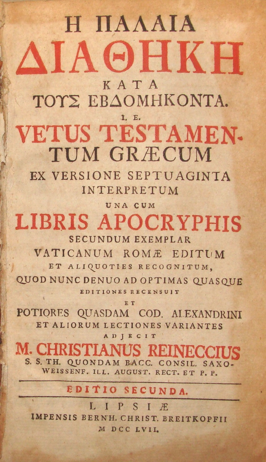 Bible Greek Old Testament Vetus Testamentum Graecum Book 1757 Lipsiae Latin
