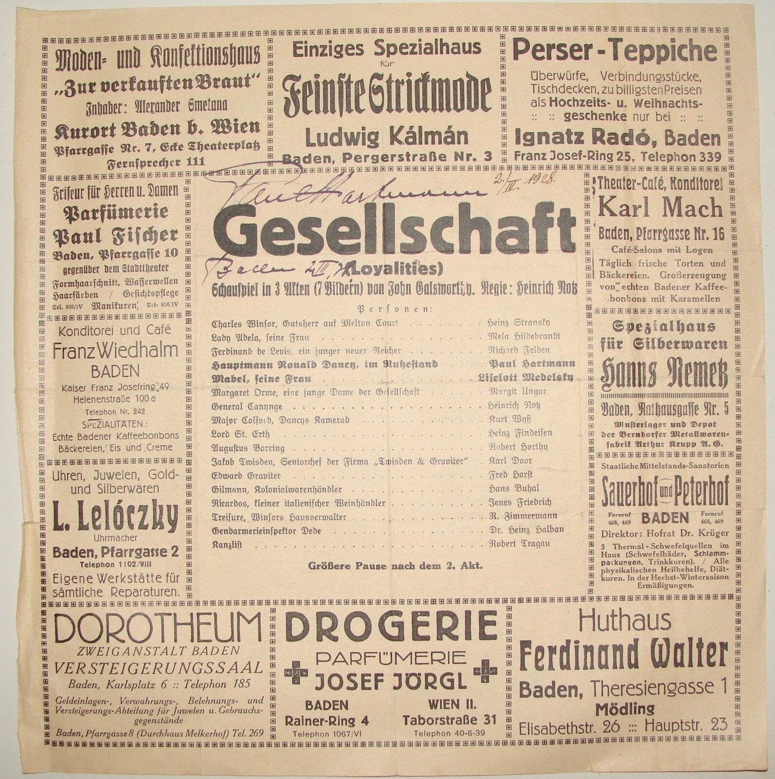 Germany German Actor PAUL HARTMANN Signed Signature GESELLSCHAFT Austria Theater