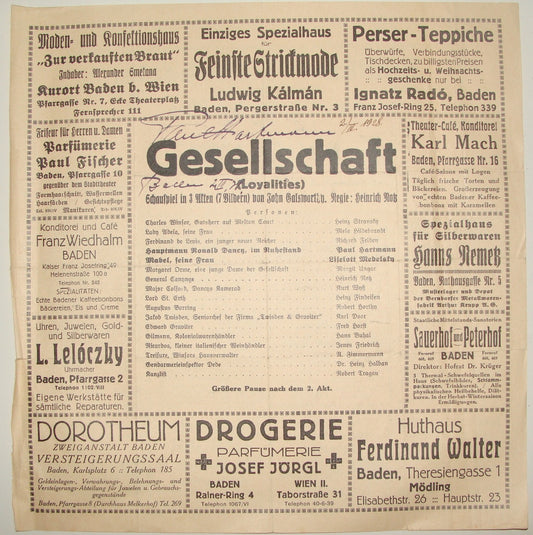 Germany German Actor PAUL HARTMANN Signed Signature GESELLSCHAFT Austria Theater