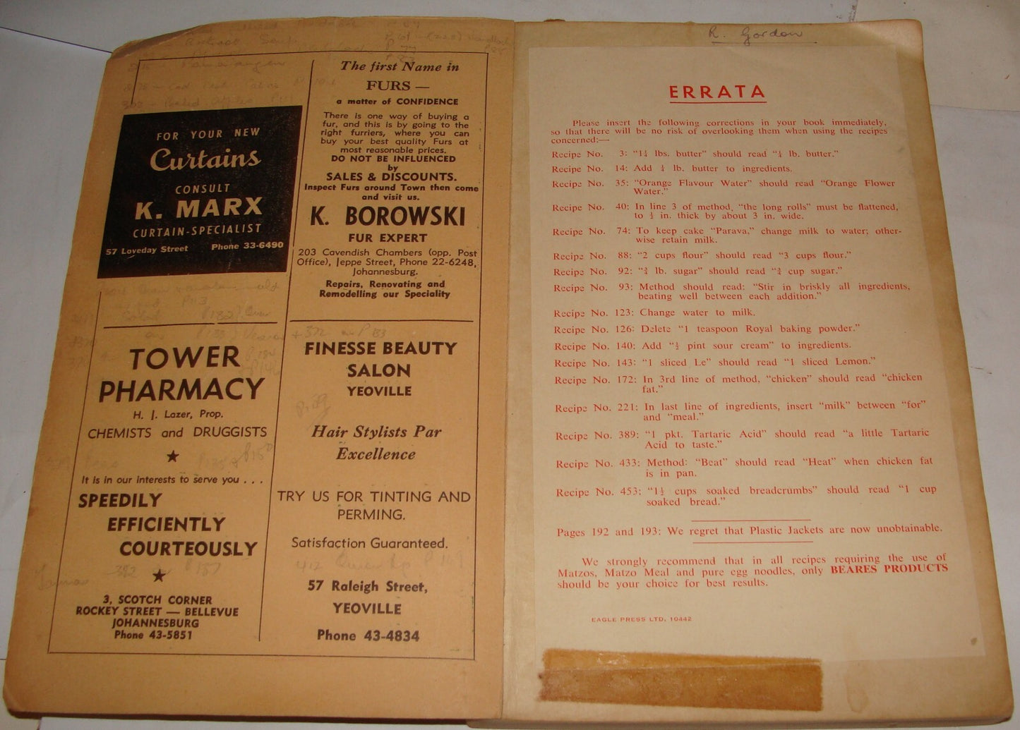 Book Jewish Judaica 1954 International Goodwill Recipe South Africa Zionist