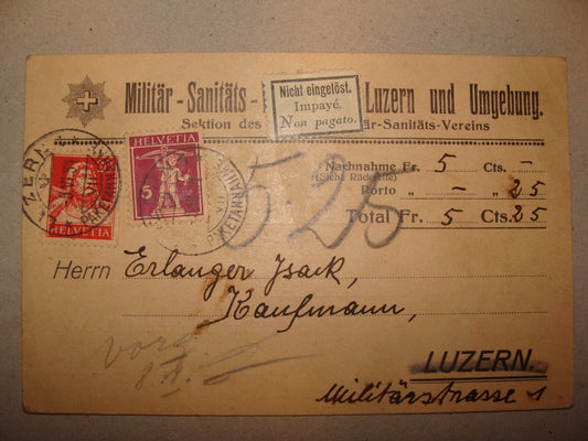 Card Jewish 1931 Switzerland Militar Sanitats Verein Postcard Letter Stamp