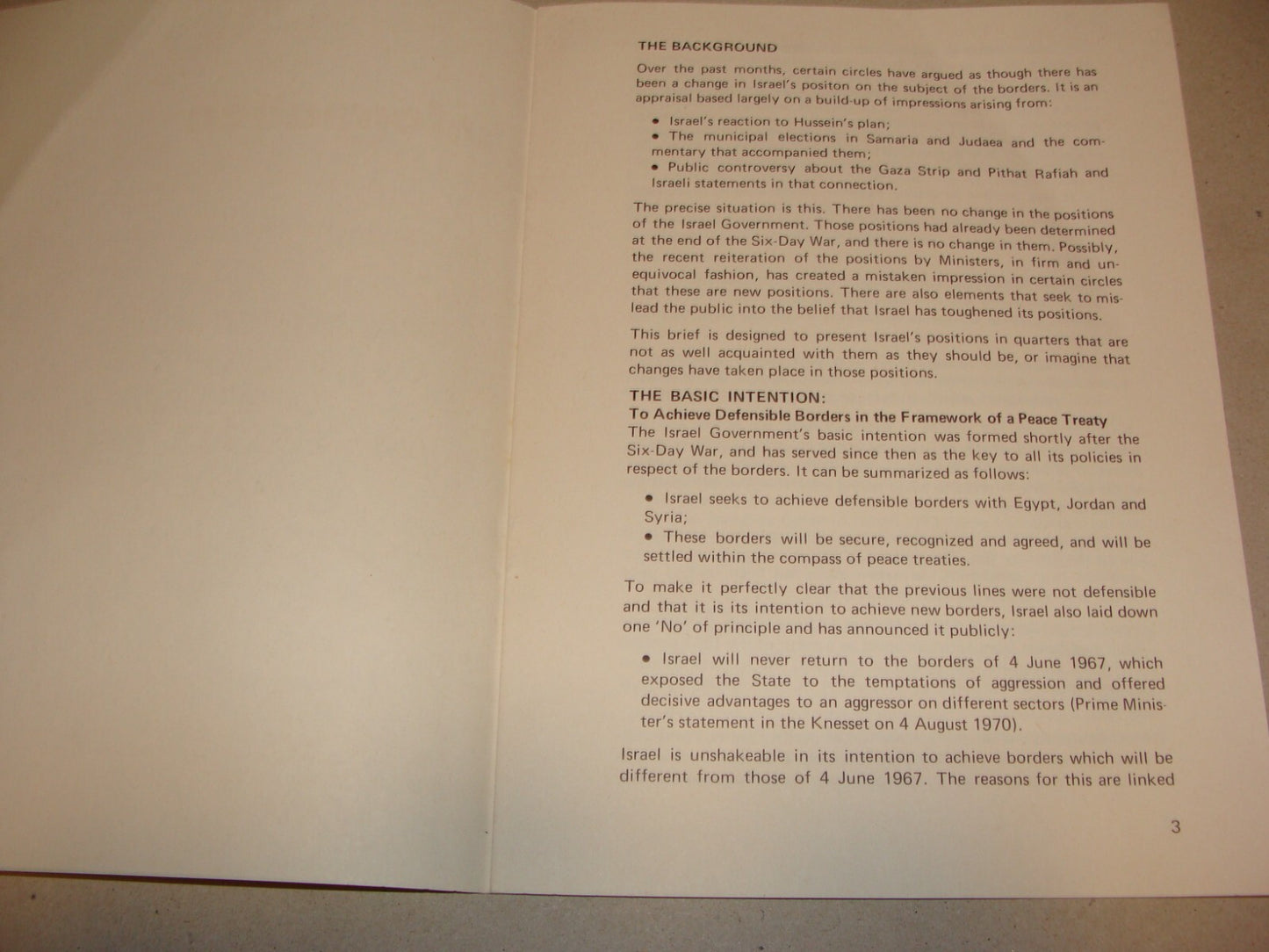 Jewish Judaica 1973 Israel Israeli Brief Borders Peace War Egypt Gaza Jordan