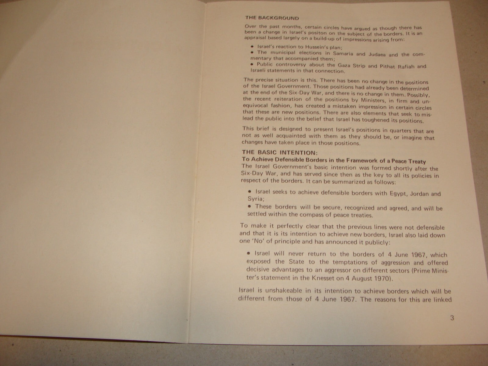 Jewish Judaica 1973 Israel Israeli Brief Borders Peace War Egypt Gaza Jordan