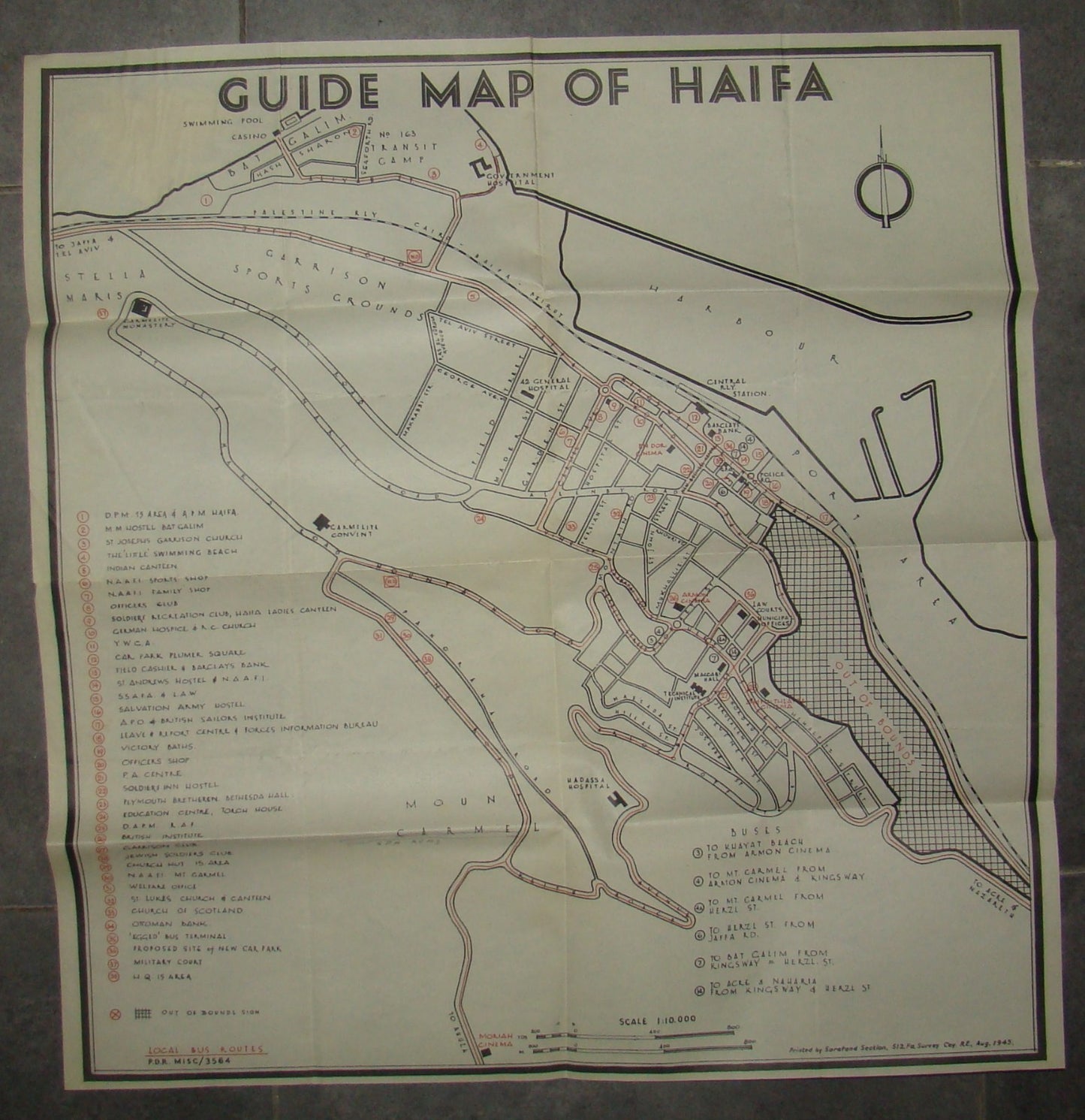 RARE Palestine Eretz Israel WW2 1945 British Army Sarafand Map Haifa Route Bus