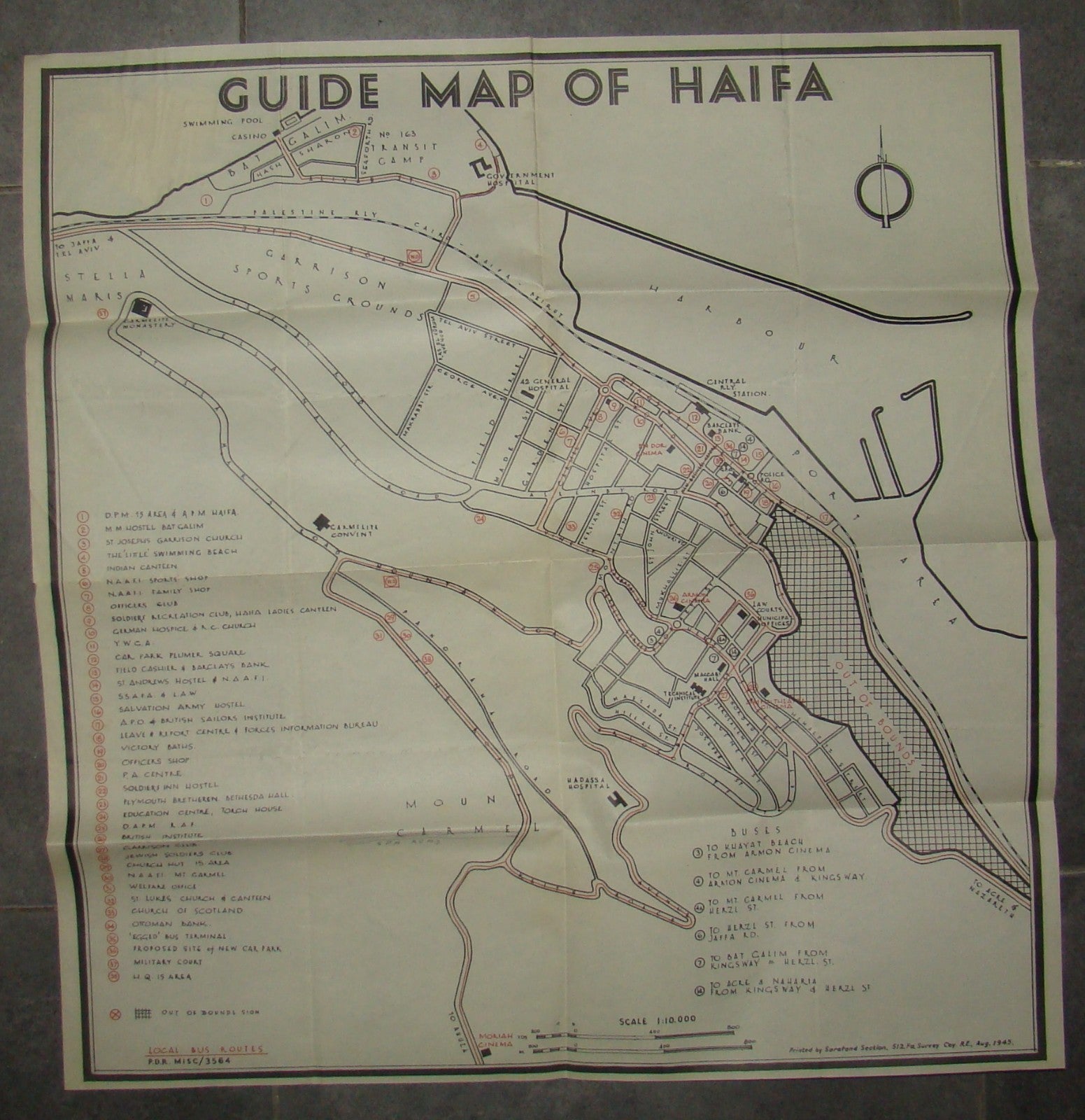 RARE Palestine Eretz Israel WW2 1945 British Army Sarafand Map Haifa Route Bus