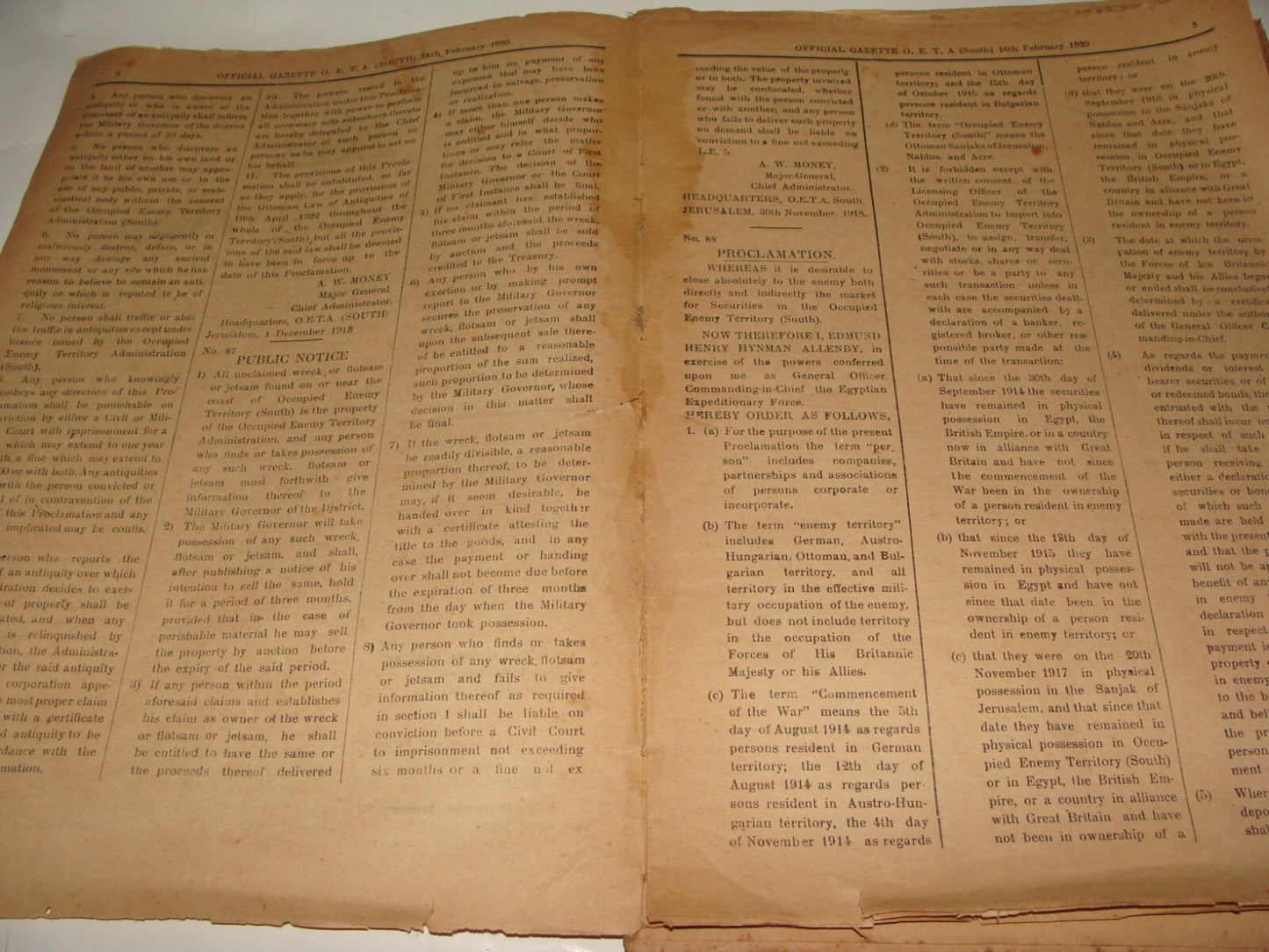 Pol Newspaper Palestine RARE British Government of Gazette OETA SOUTH 1920