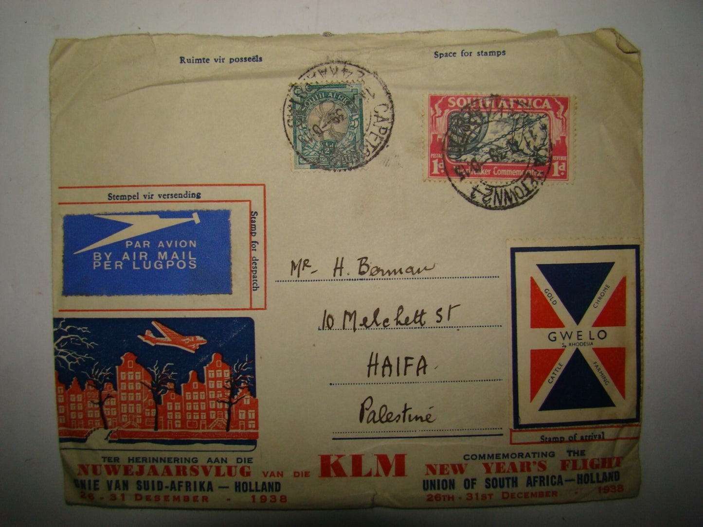 1938 KLM New Year's Flight Cover South Africa Holland Stamp Aereo Philatelist