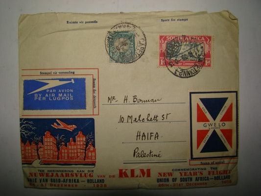 1938 KLM New Year's Flight Cover South Africa Holland Stamp Aereo Philatelist