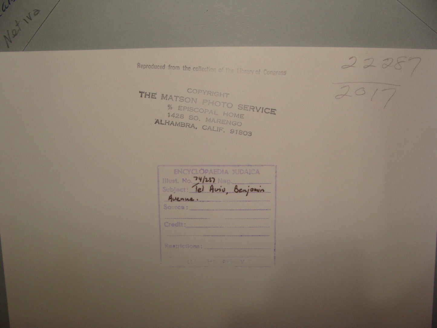 Photo Print, Jewish 1920s Palestine Israel Tel Aviv Binyamin Street MATSON