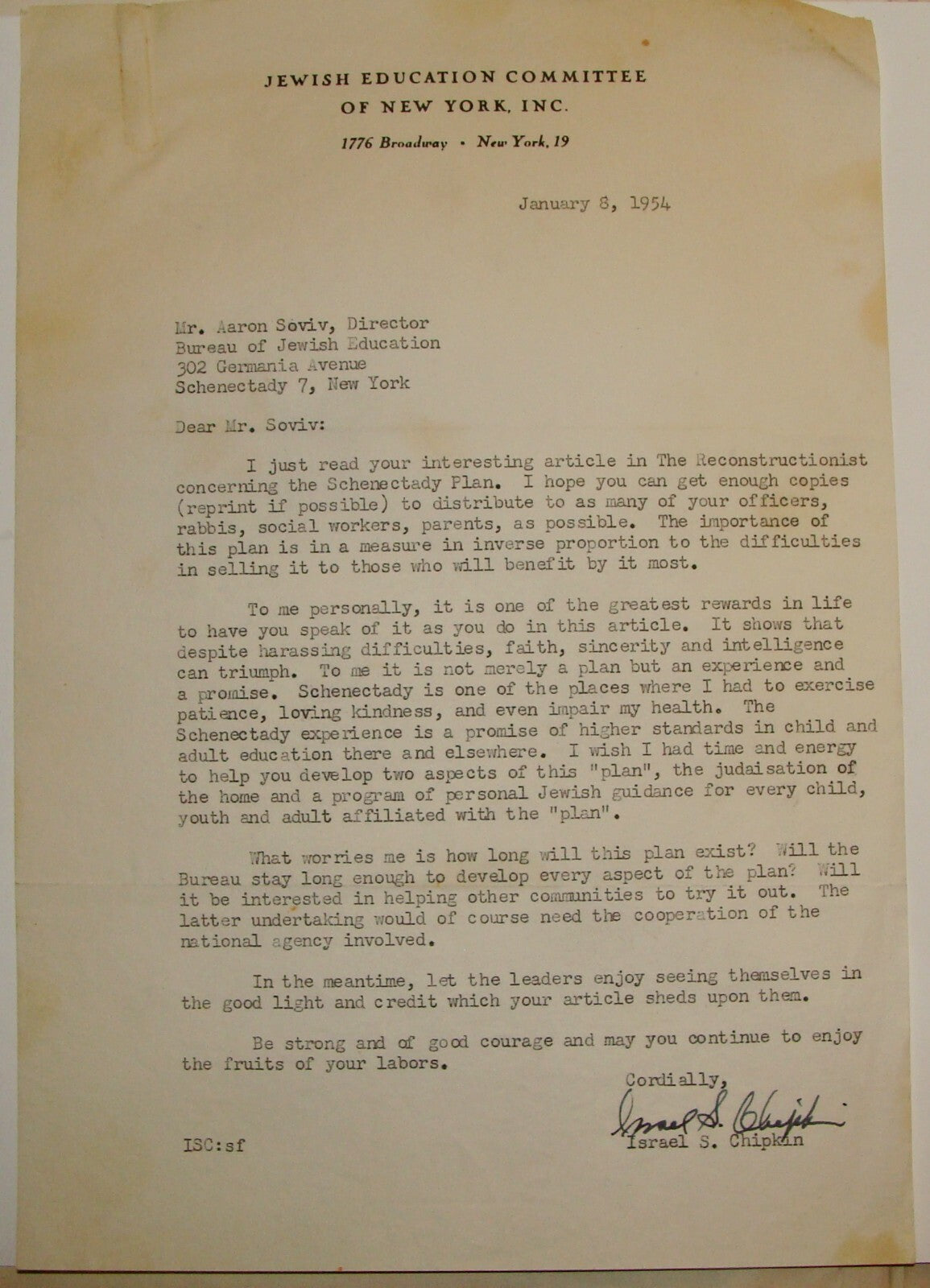 $ Jewish American 1954 United States New York Israel Chipkin Signed