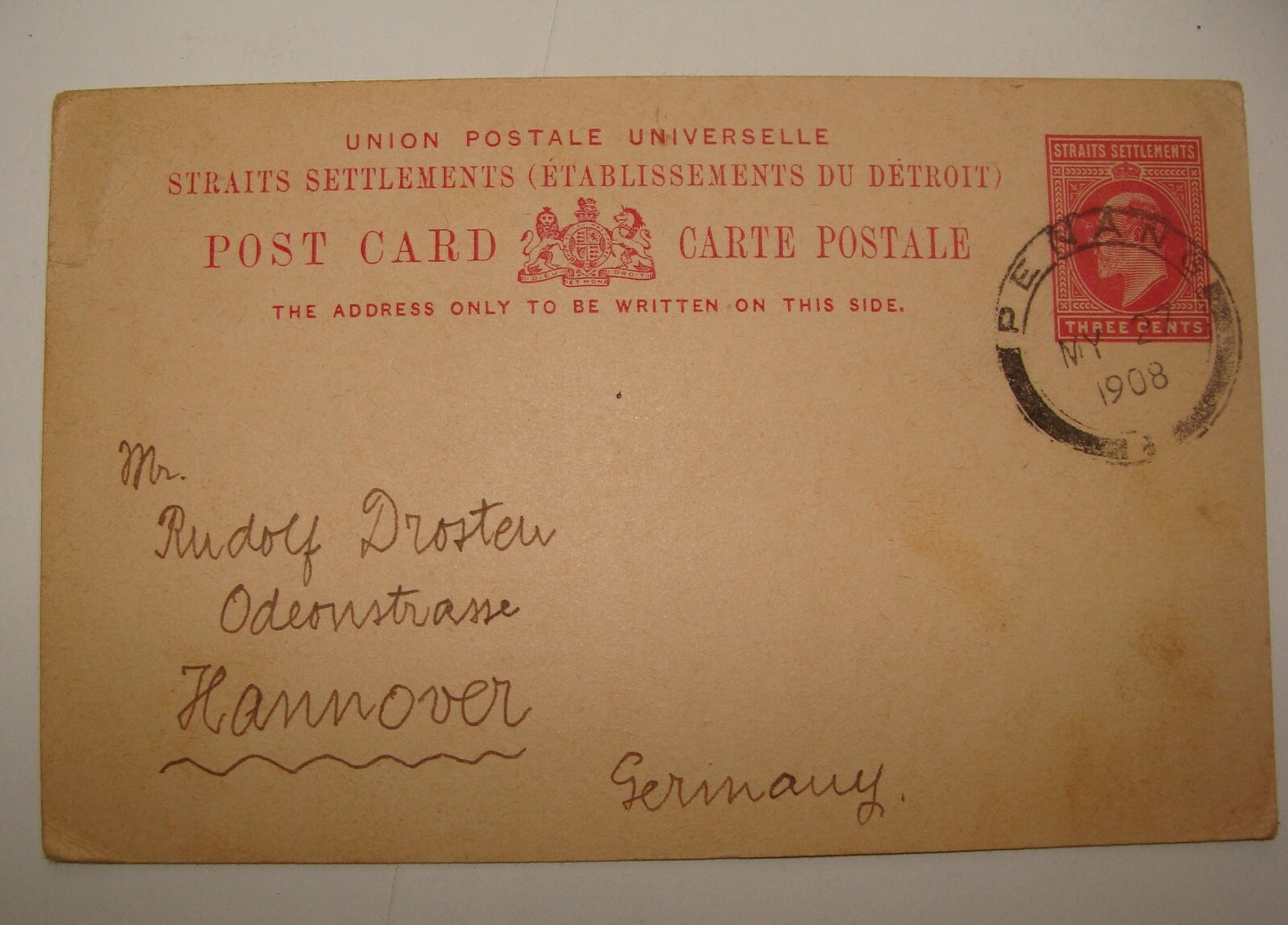 Germany 1908 Straits Settlements Stationery Stamp Postcard Penang To   Hannover