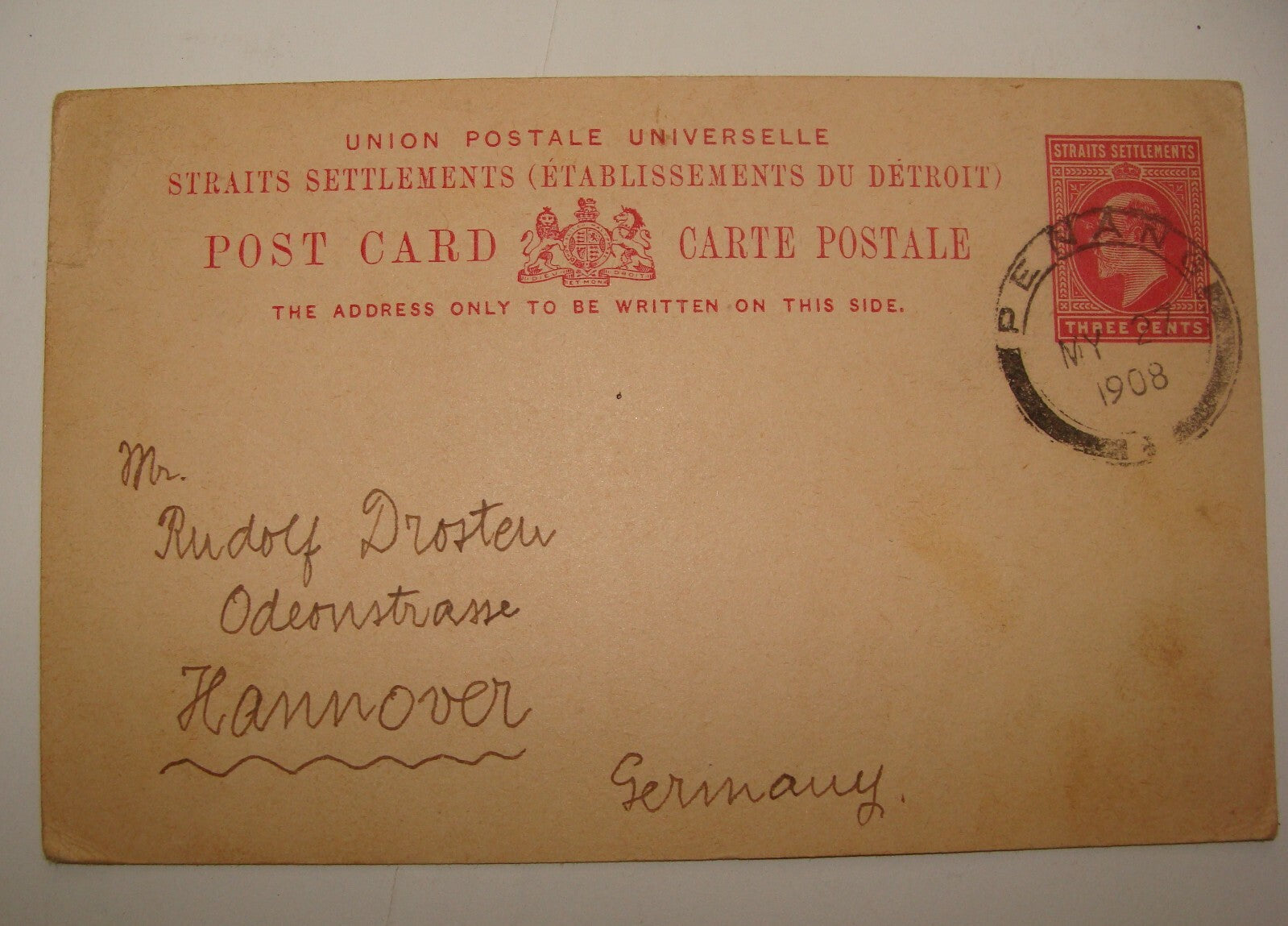 Germany 1908 Straits Settlements Stationery Stamp Postcard Penang To   Hannover