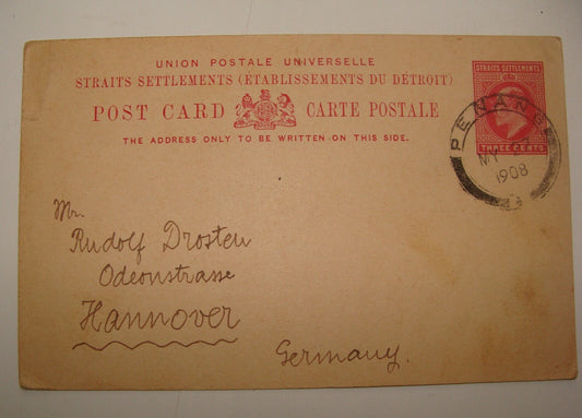 Germany 1908 Straits Settlements Stationery Stamp Postcard Penang To   Hannover