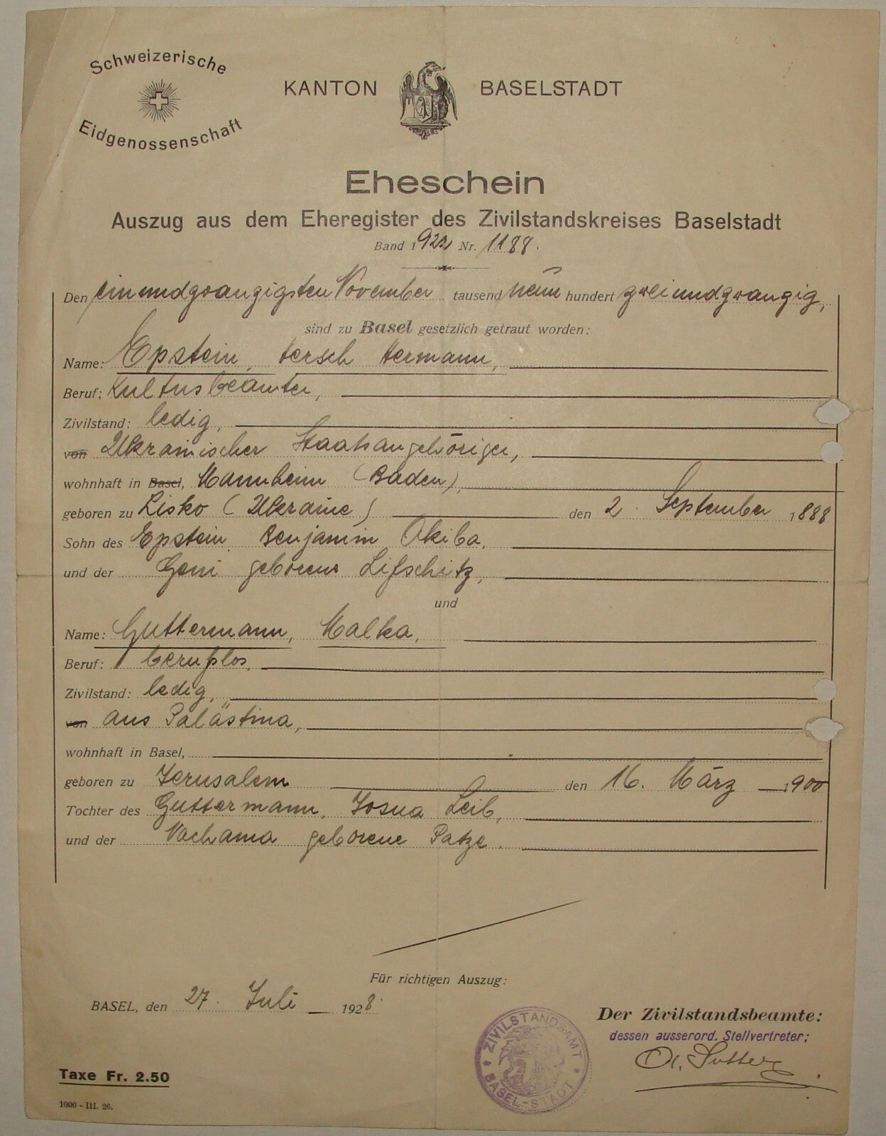 Jewish Judaica 1920s German Switzerland Basel Marriage Certificate EPSTEIN