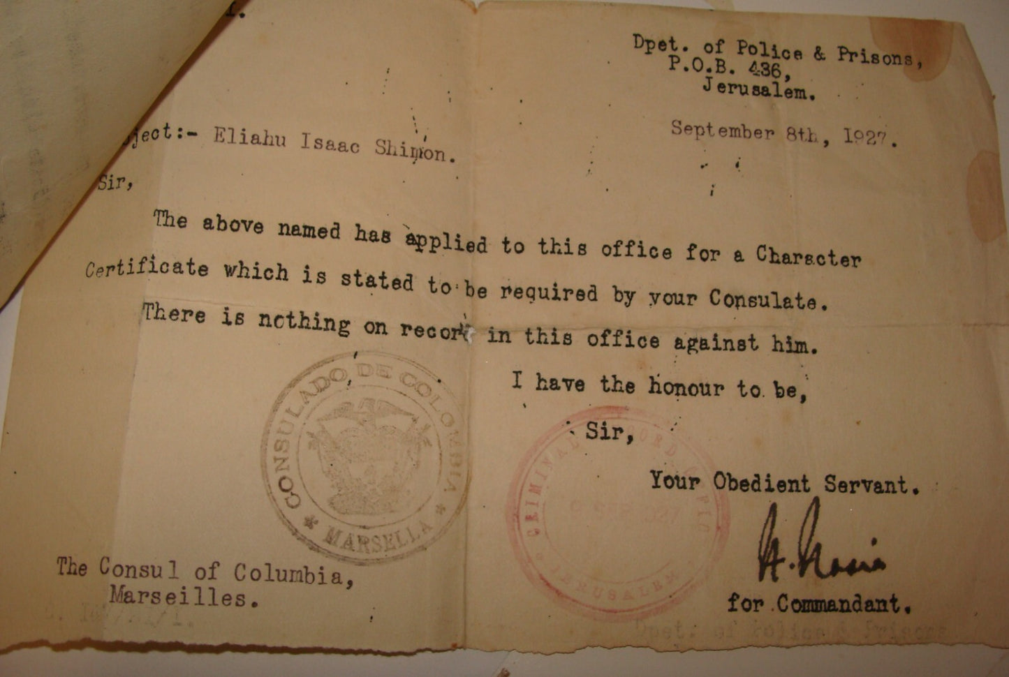 1927 Colombia Consul France Marseilles Letter Palestine Jerusalem Police Jewish