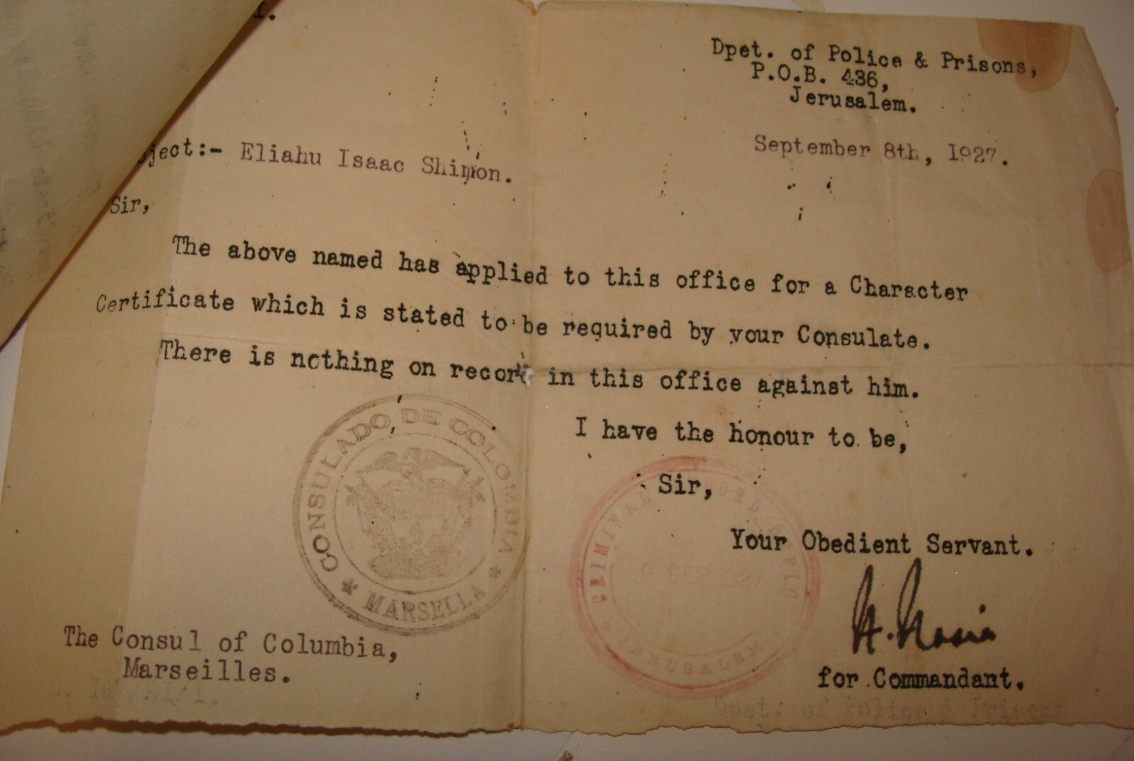 1927 Colombia Consul France Marseilles Letter Palestine Jerusalem Police Jewish
