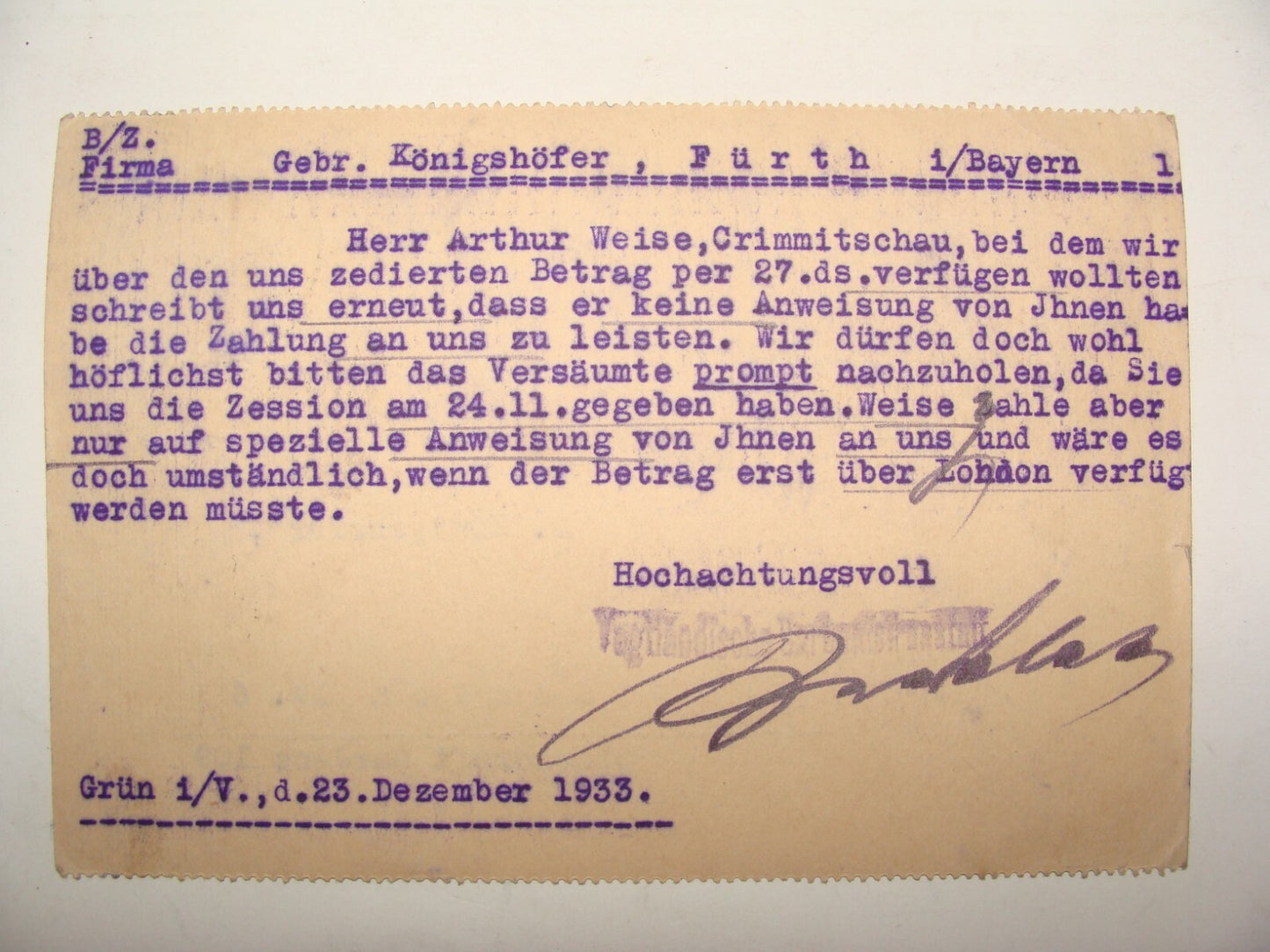 Germany Card Jewish Judaica ? Letter Postcard Stamp German Lengenfeld Furth 1933