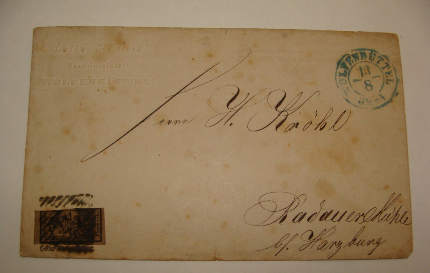 Germany 1850s German 1\4 Gutegr Stamp Cover LUTHER & PETERS Wolfenbuttel Factory
