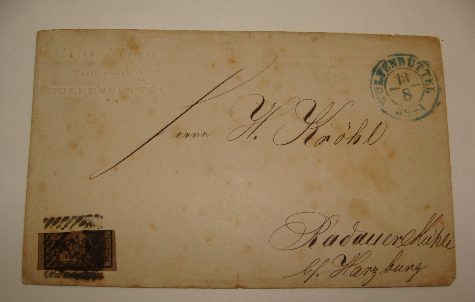 Germany 1850s German 1\4 Gutegr Stamp Cover LUTHER & PETERS Wolfenbuttel Factory
