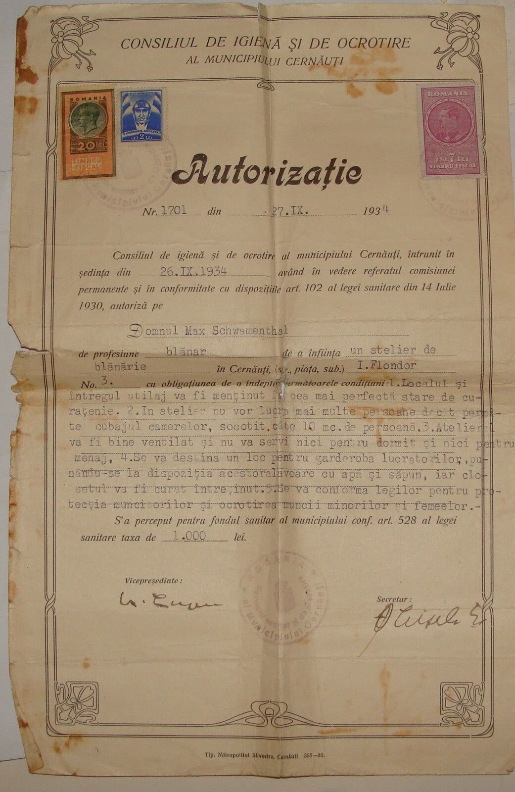 Stamp Jewish Judaica 1934 Romania Certificate Cernauti Bukovina Hygiene Council