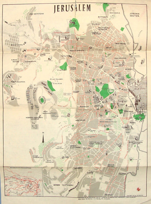 Map Jewish Judaica 1961 Israel JERUSALEM Pictorial Pre Six Day War YMCA Guide