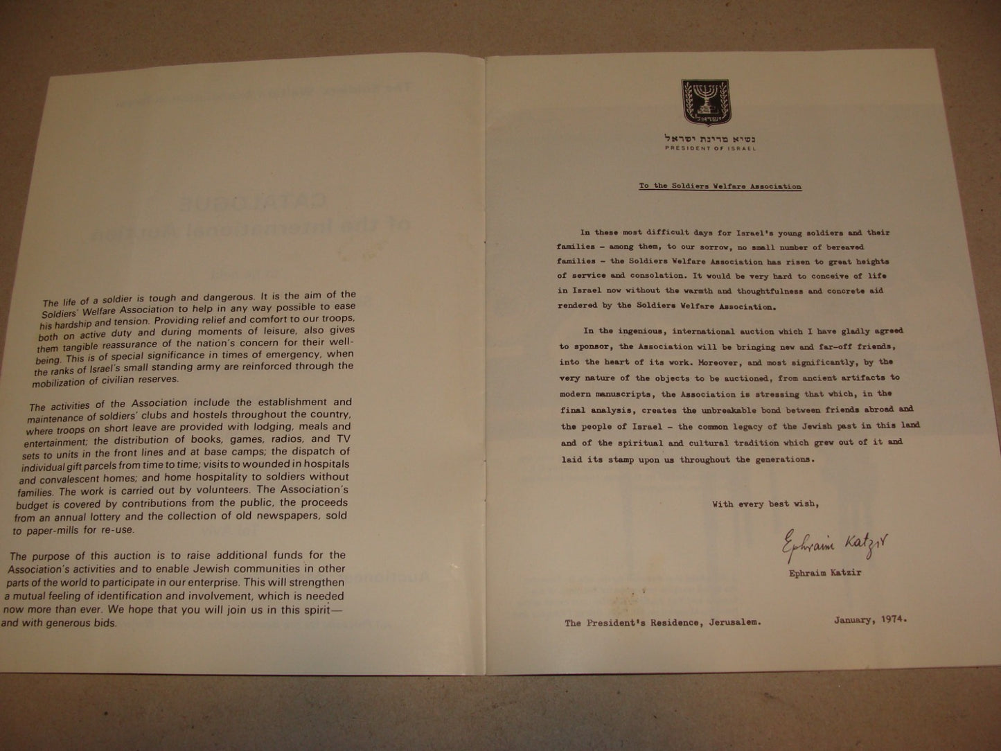 Pol Jewish Judaica 1974 Israel Auction Catalogue Soldier Welfare President