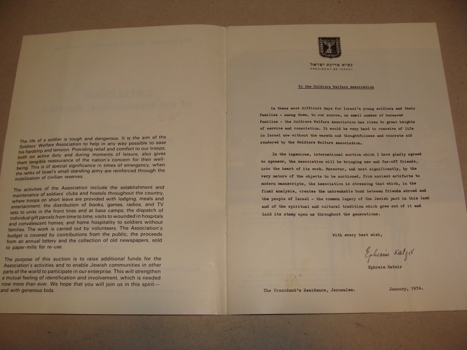 Pol Jewish Judaica 1974 Israel Auction Catalogue Soldier Welfare President