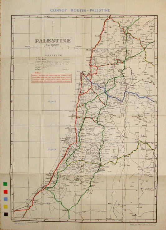 RARE 1945 WWII British Army Military Palestine Israel CONVOY ROUTES Map