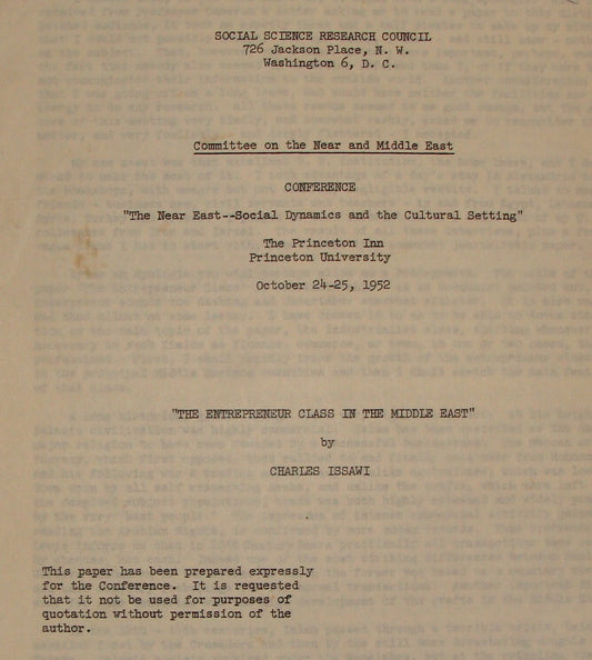 1952 Princeton University Paper Charles Issawi Middle East Conference USA