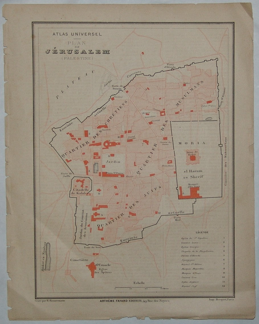 Map Palestine RARE 1877 Jerusalem Plan Fayard, R. Hausermann Atlas Universel
