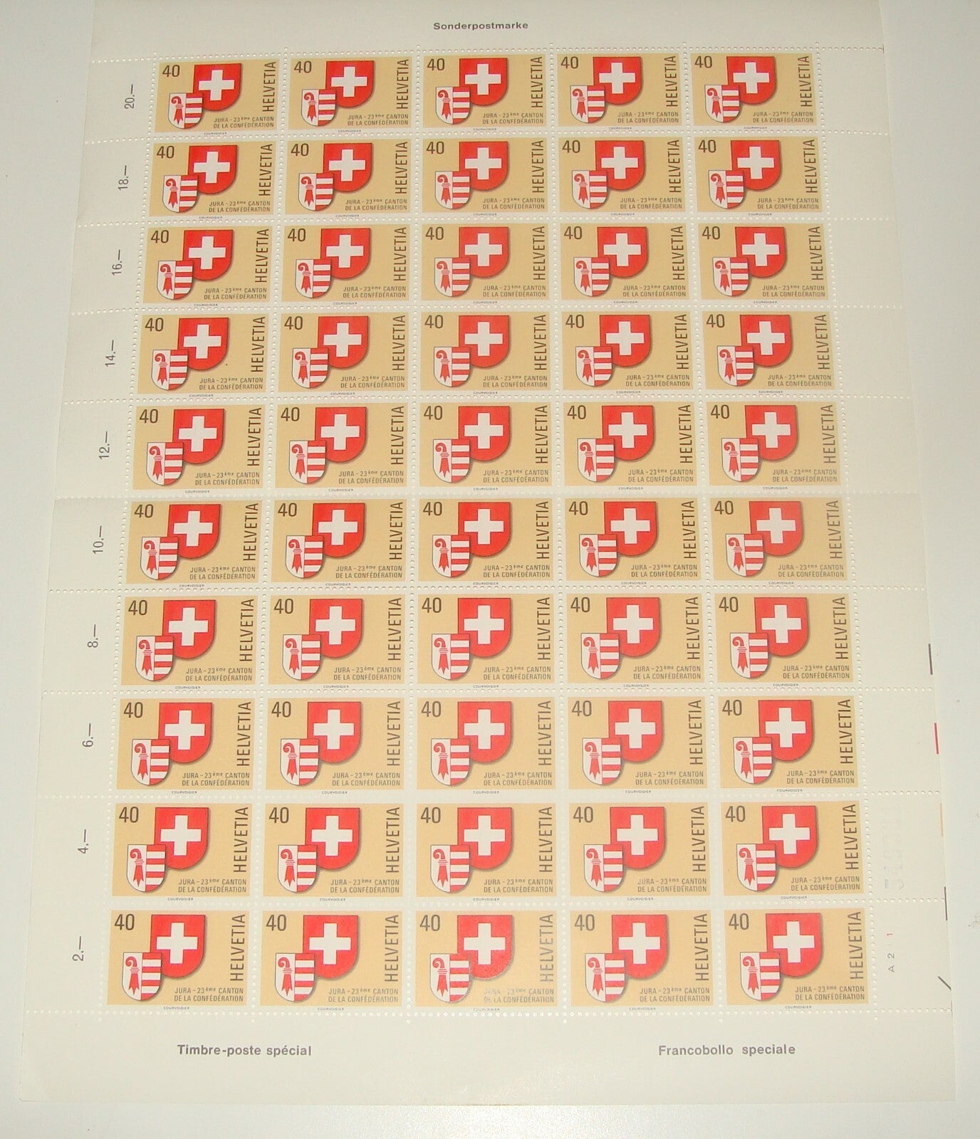 1978 SWITZERLAND Jura 23 Canton De La Confederation Stamp Sheet