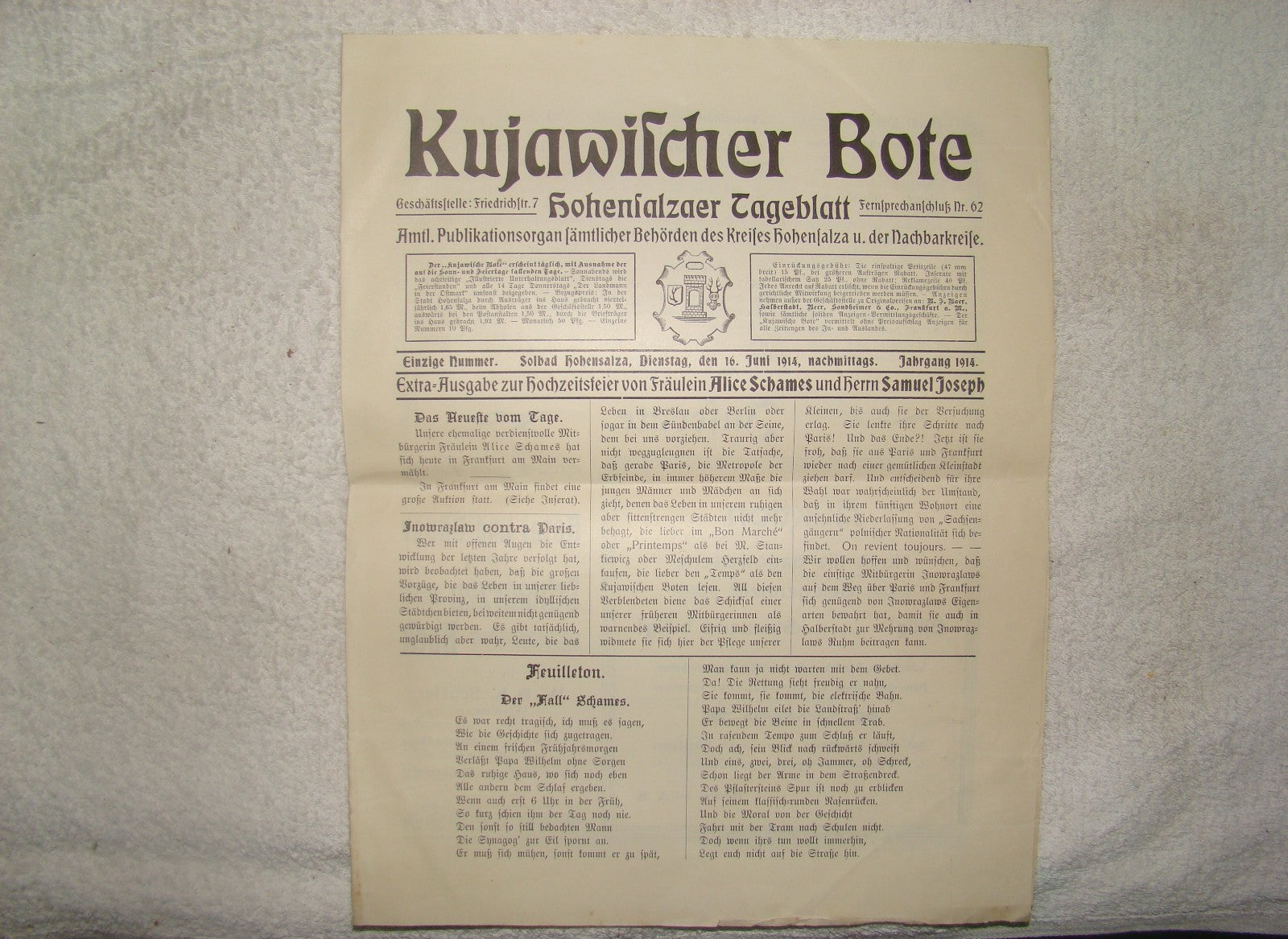 Germany Newspaper Jewish Antique 1914 WW1 Poland Kujawi Kujawischer Bote Family