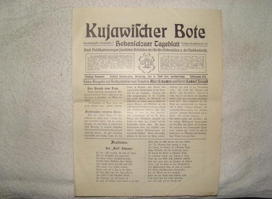 Germany Newspaper Jewish Antique 1914 WW1 Poland Kujawi Kujawischer Bote Family