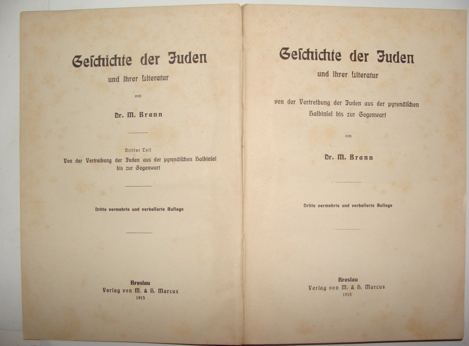Jewish Judaica Antique 1913 History geschichte der juden Brann German Breslau