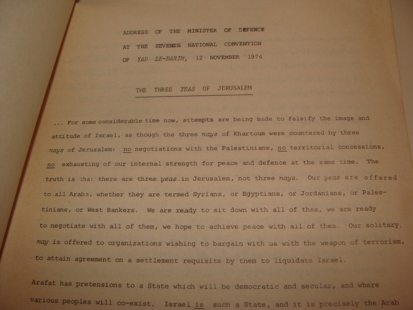 Pol Jewish Israel Israeli Government Foreign Affairs SHIMON PERES Speech 1974