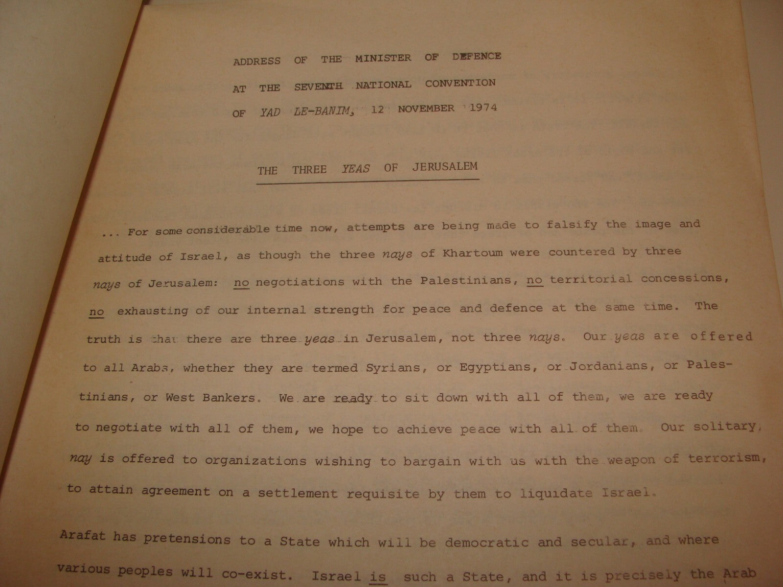 Pol Jewish Israel Israeli Government Foreign Affairs SHIMON PERES Speech 1974