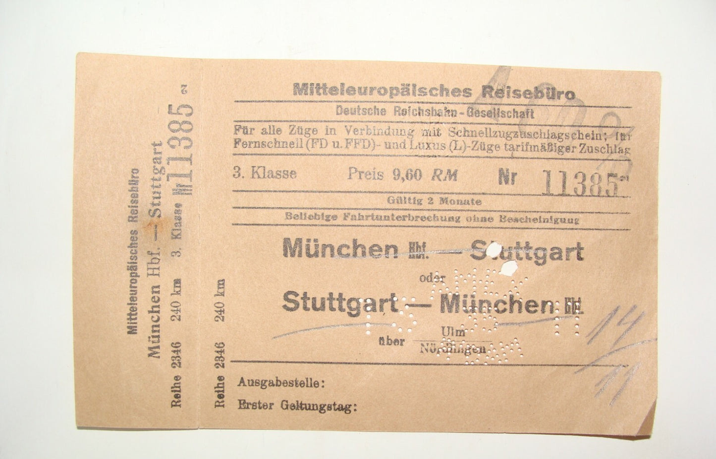 Germany Mitteleuropäisches Reiseburo   Munich Stuttgart Train Ticket Railroad