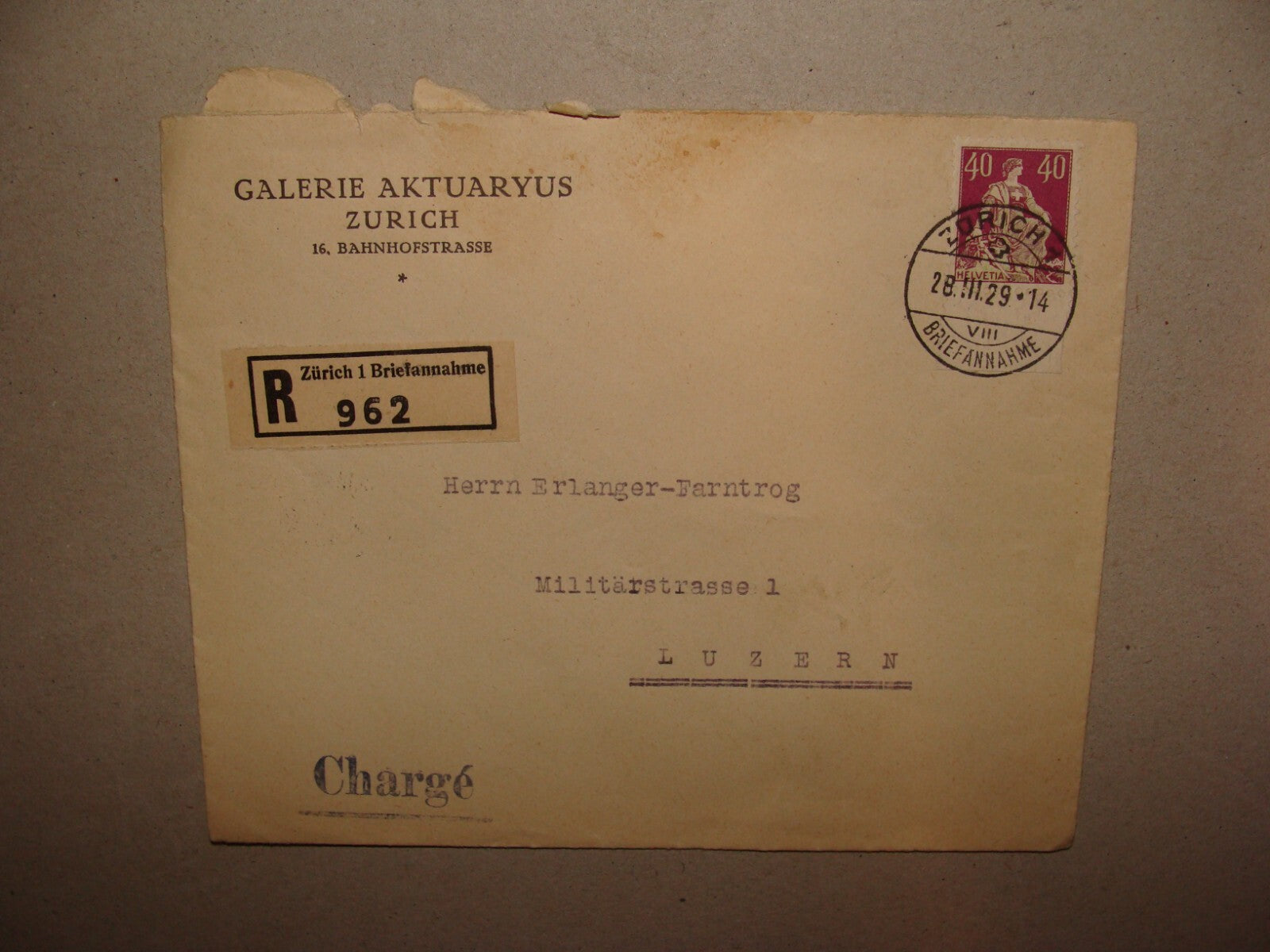 Stamp Jewish 192 Switzerland GALERIE AKTUARYUS Zurich Cover